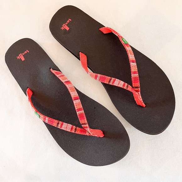Sanuk Yoga Joy Coral Stripe Flip Flop Sandals Size 10 - Picture 2 of 10
